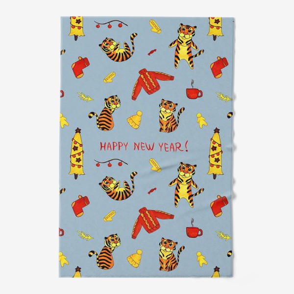 Полотенце «Happy New Year! Патерн с тиграми и надписью на английском Синий фон»