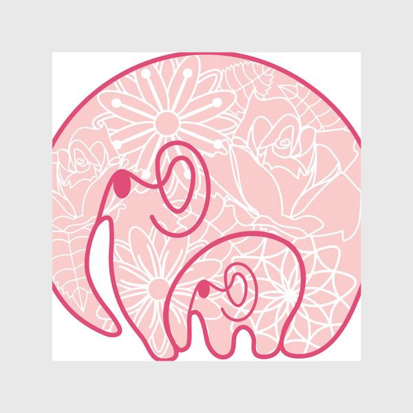 Шторы «Слоники: заботливая мама обнимает слоненка. Цветочный узор. Концепт ко дню матери »