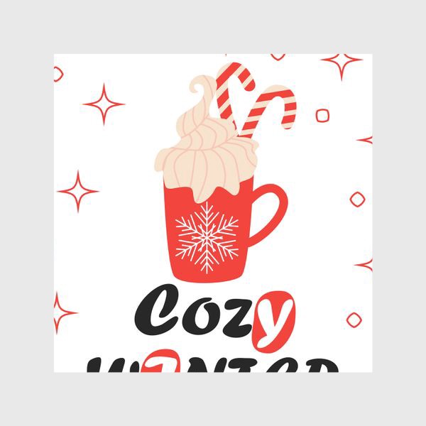 Шторы «Чашка с какао и рождественскими конфетками. Надпись "Уютной зимы"»