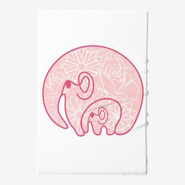 Полотенце «Слоники: заботливая мама обнимает слоненка. Цветочный узор. Концепт ко дню матери »