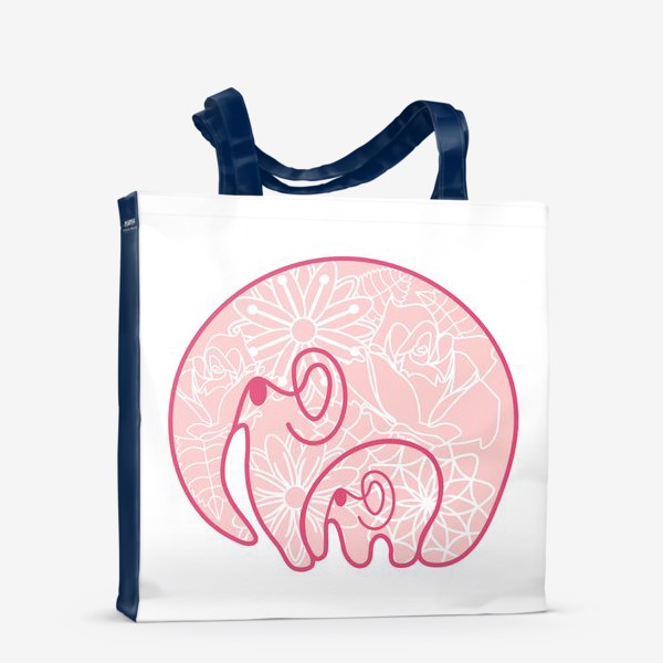 Сумка-шоппер «Слоники: заботливая мама обнимает слоненка. Цветочный узор. Концепт ко дню матери »