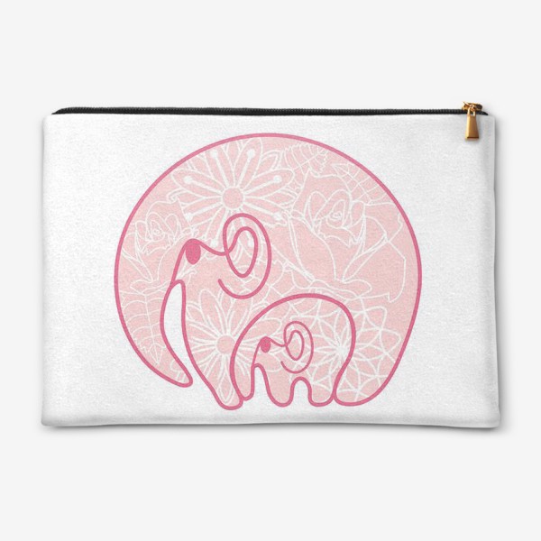 Косметичка «Слоники: заботливая мама обнимает слоненка. Цветочный узор. Концепт ко дню матери »