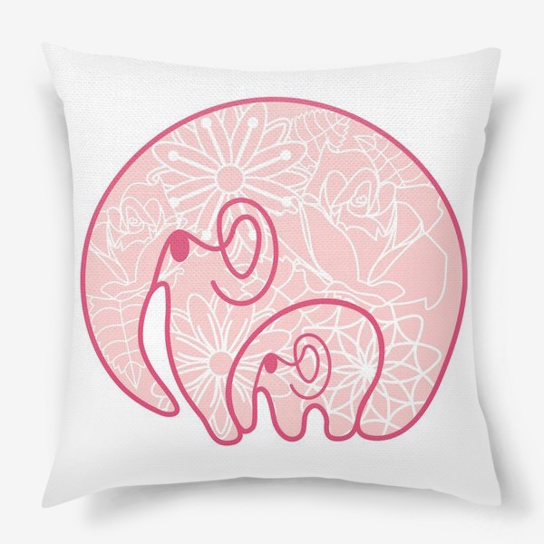 Подушка «Слоники: заботливая мама обнимает слоненка. Цветочный узор. Концепт ко дню матери »