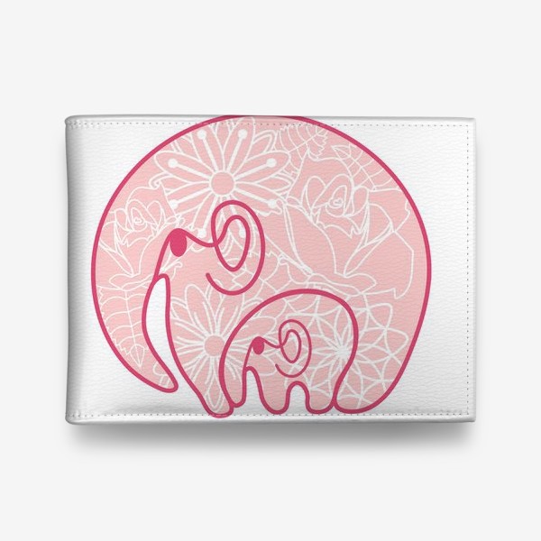 Кошелек «Слоники: заботливая мама обнимает слоненка. Цветочный узор. Концепт ко дню матери »