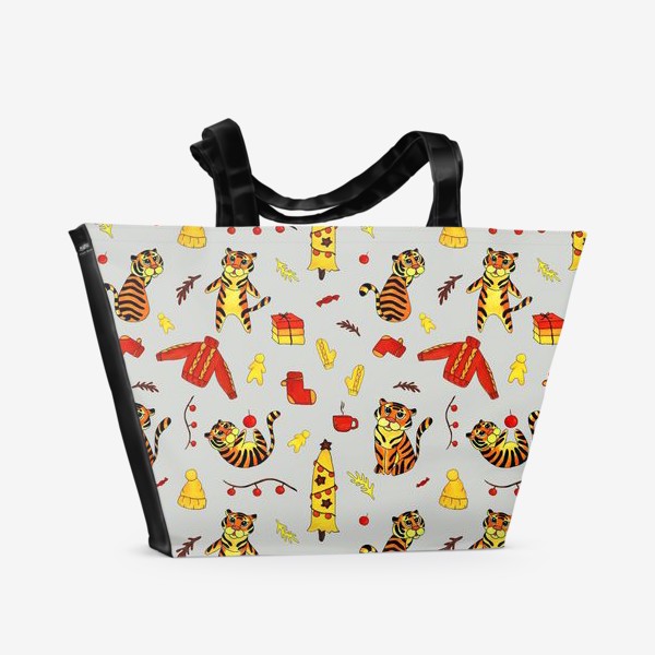 Пляжная сумка «Праздничный узор с тиграми на светло-сером фоне»