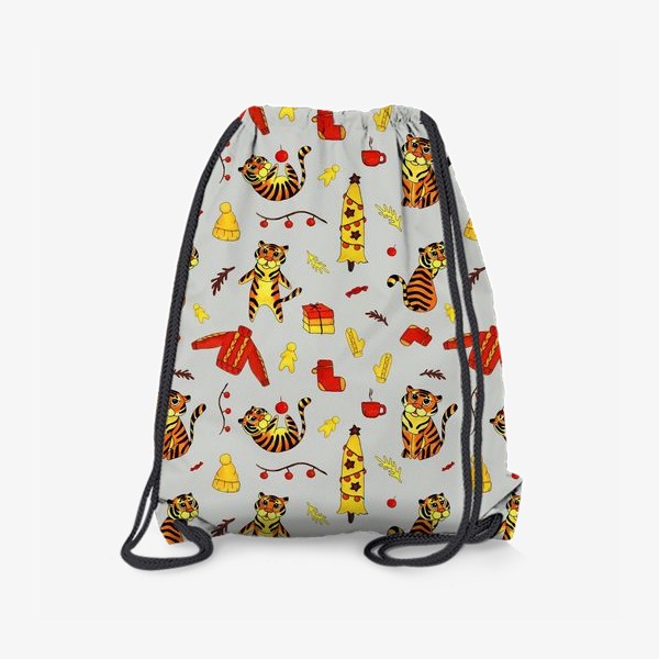 Рюкзак «Праздничный узор с тиграми на светло-сером фоне»