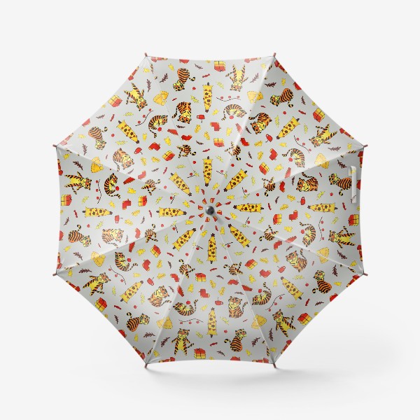 Зонт «Праздничный узор с тиграми на светло-сером фоне»