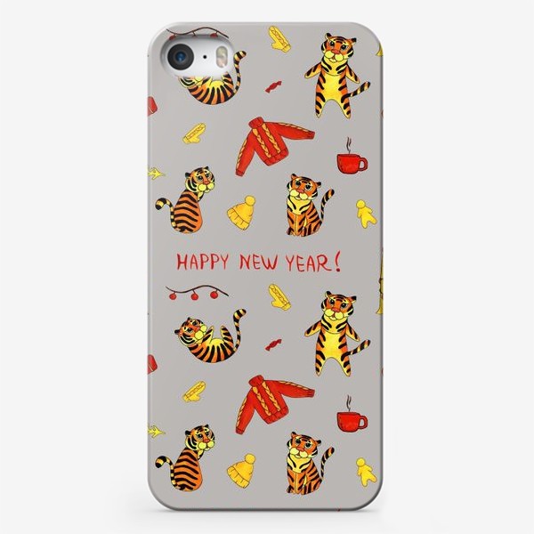Чехол iPhone «Happy New Year! Патерн с тиграми и надписью на английском Серый фон»