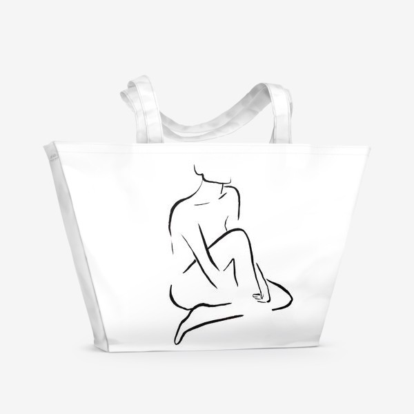 Пляжная сумка «Женский силуэт, линейный рисунок, графика минимализм черно-белый»