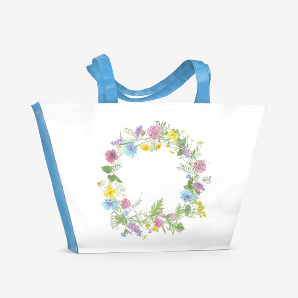 Пляжная сумка «Венок из полевых цветов, лето, акварель на белом фоне»