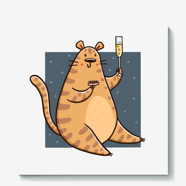 Холст «Милый новогодний тигр с шампанским. Год тигра. Новый год 2022»