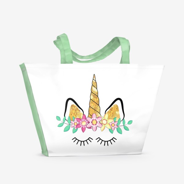 Пляжная сумка «Цветочный единорог с золотым рогом и ушками»