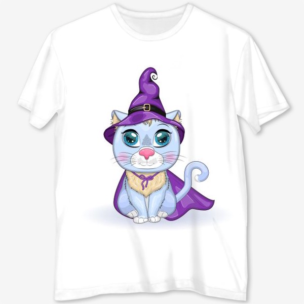 Футболка с полной запечаткой «Голубой ведьмин кот в хэллоуинском наряде: фиолетовой шляпе и плаще»