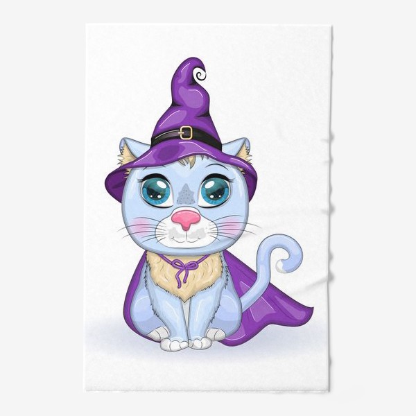 Полотенце «Голубой ведьмин кот в хэллоуинском наряде: фиолетовой шляпе и плаще»
