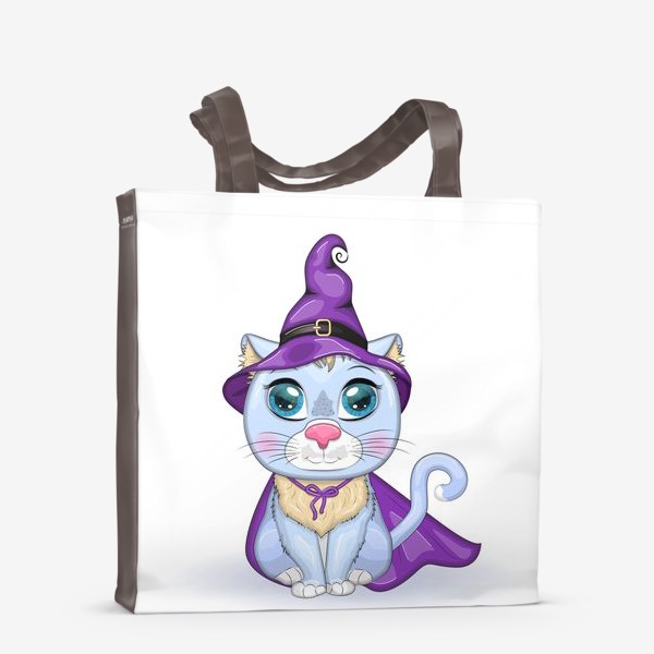 Сумка-шоппер «Голубой ведьмин кот в хэллоуинском наряде: фиолетовой шляпе и плаще»