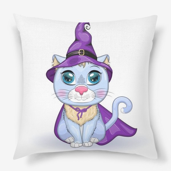 Подушка «Голубой ведьмин кот в хэллоуинском наряде: фиолетовой шляпе и плаще»