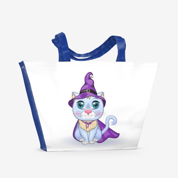 Пляжная сумка «Голубой ведьмин кот в хэллоуинском наряде: фиолетовой шляпе и плаще»