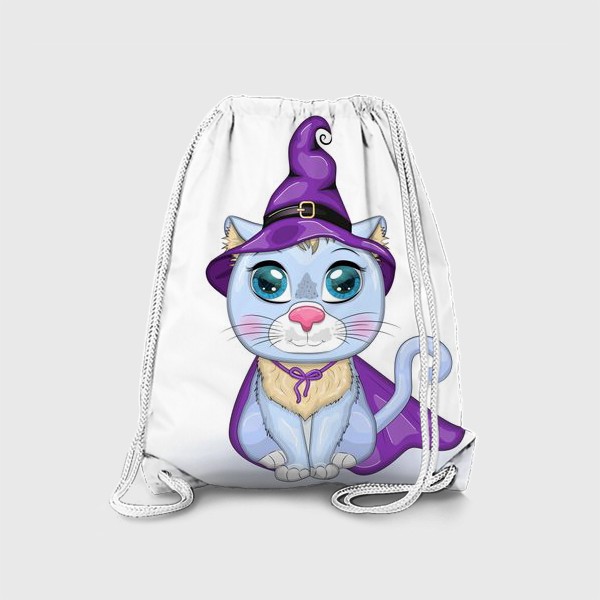 Рюкзак «Голубой ведьмин кот в хэллоуинском наряде: фиолетовой шляпе и плаще»