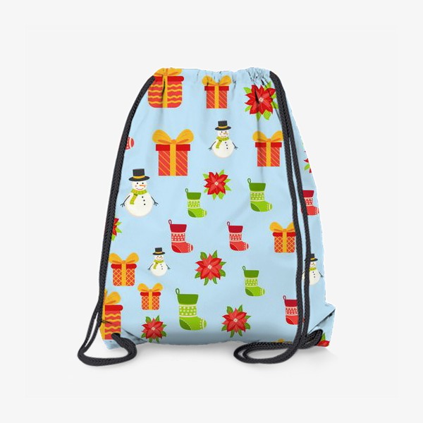 Рюкзак «Новогодний паттерн с подарками, снеговиками, сапожками и пуансетией на голубом»