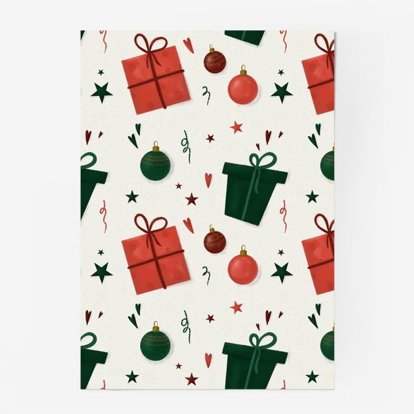 Постер «Подарки. Новый год. Рождество. Новогодний паттерн для текстиля, скатерти. Красный и зеленый. Интерьерный принт»