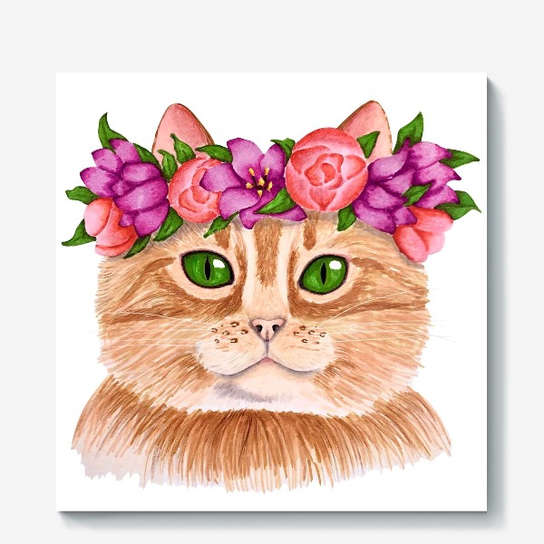 Холст «Кот в цветочном венке»