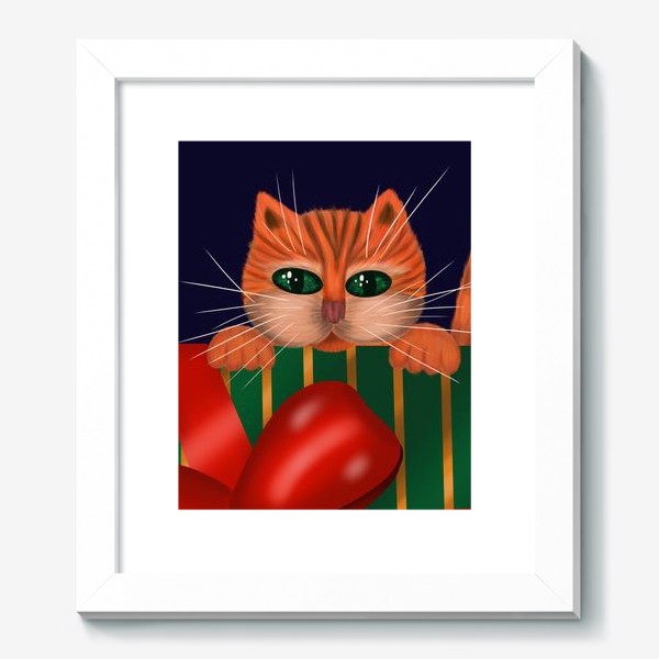 Картина «Рыжий полосатый кот получил огромный подарок на новый год»