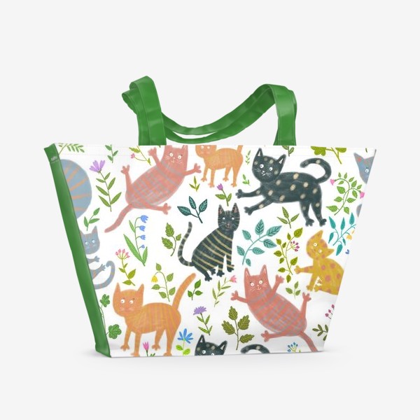 Пляжная сумка «Коты и цветы бесшовный паттерн»