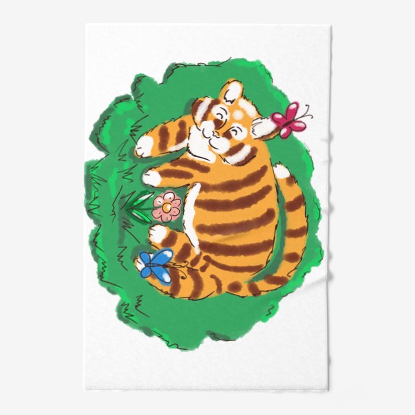 Полотенце &laquo;Чилить. Тигр отдыхает на траве. Лето. Цветы. Бабочки.&raquo;