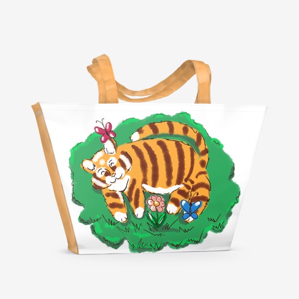 Пляжная сумка «Чилить. Тигр отдыхает на траве. Лето. Цветы. Бабочки.»