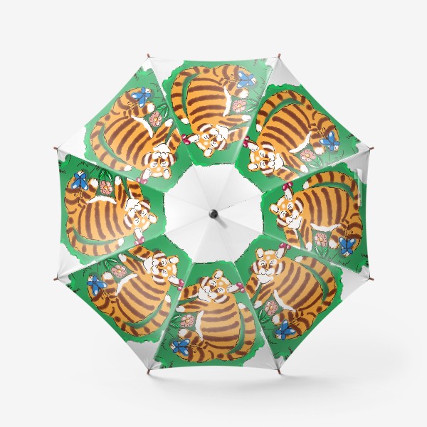 Зонт «Чилить. Тигр отдыхает на траве. Лето. Цветы. Бабочки.»