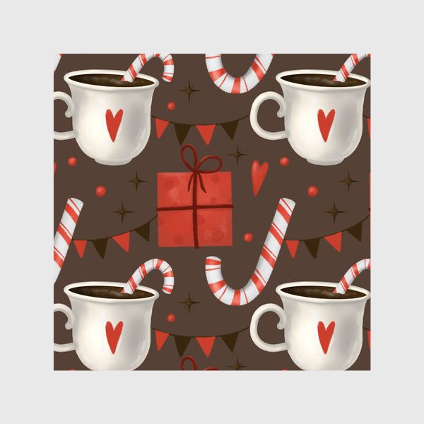 Шторы «Новый год паттерн, рождество. Какао, кофе, конфеты, коричневый. Вкусно. Сердце. Новогодний принт для кухни, скатерти»