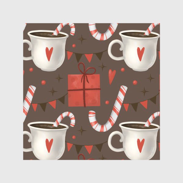 Скатерть &laquo;Новый год паттерн, рождество. Какао, кофе, конфеты, коричневый. Вкусно. Сердце. Новогодний принт для кухни, скатерти&raquo;