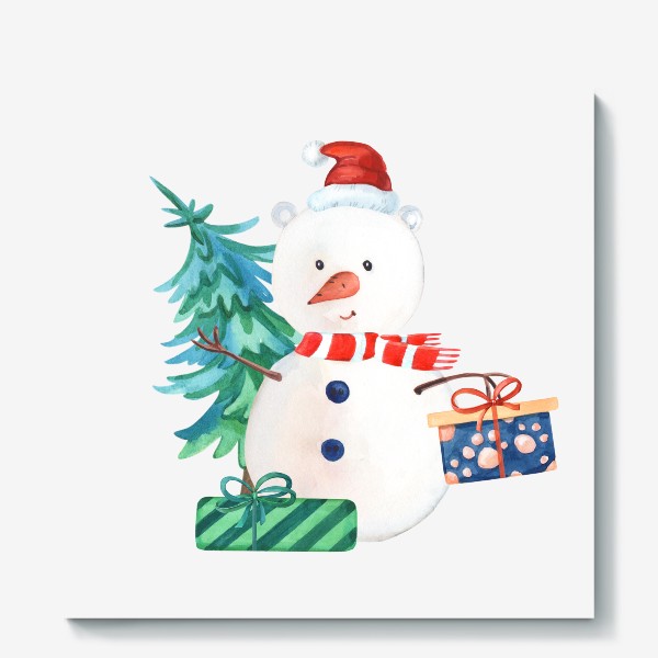 Холст «Милый новогодний снеговик с подарками и елкой.»