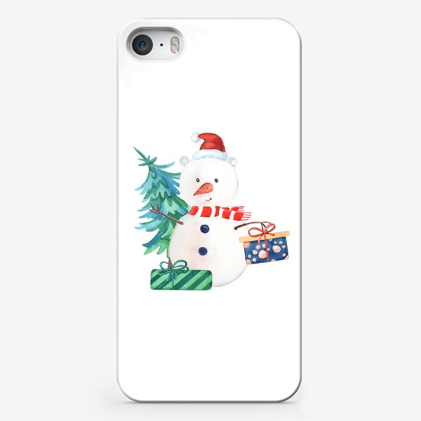 Чехол iPhone «Милый новогодний снеговик с подарками и елкой.»