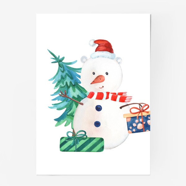 Постер «Милый новогодний снеговик с подарками и елкой.»
