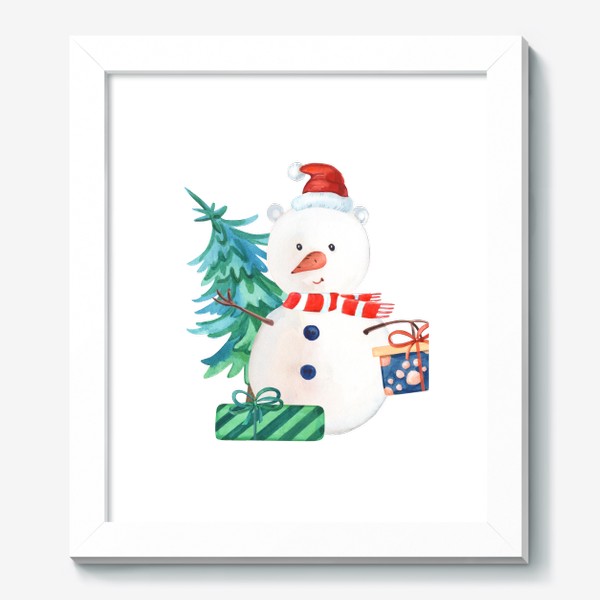 Картина «Милый новогодний снеговик с подарками и елкой.»