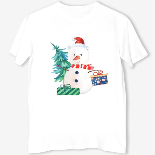 Футболка «Милый новогодний снеговик с подарками и елкой.»
