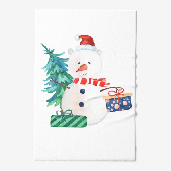 Полотенце «Милый новогодний снеговик с подарками и елкой.»