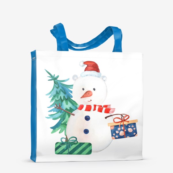 Сумка-шоппер «Милый новогодний снеговик с подарками и елкой.»