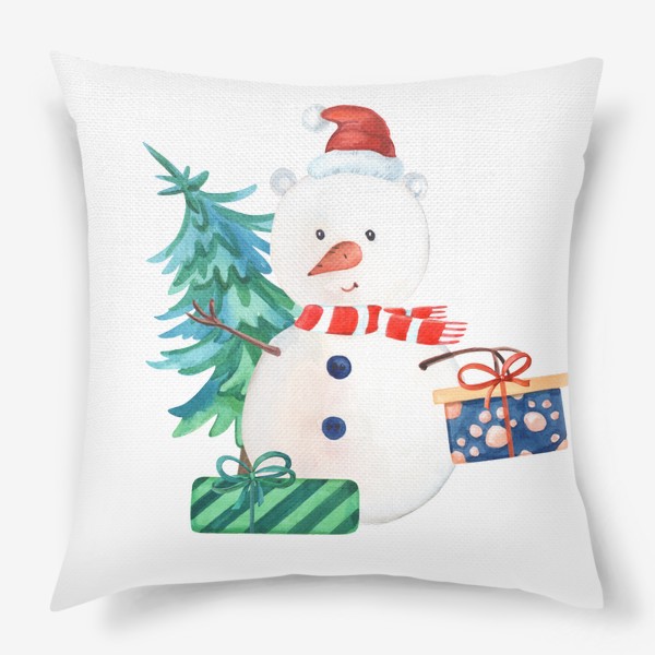 Подушка «Милый новогодний снеговик с подарками и елкой.»