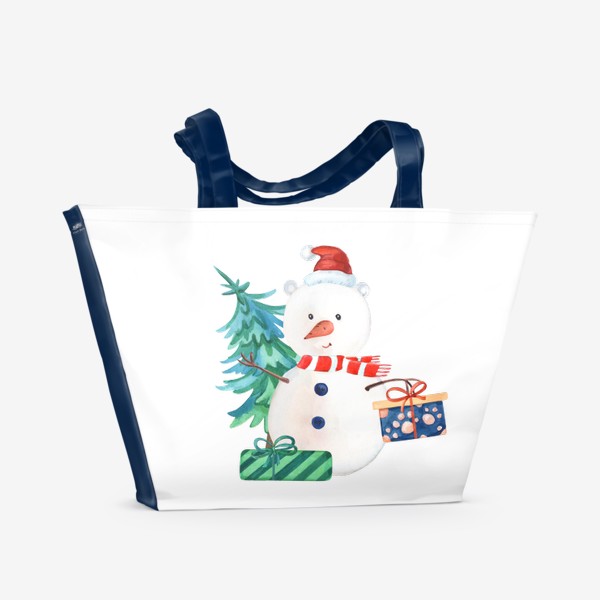 Пляжная сумка &laquo;Милый новогодний снеговик с подарками и елкой.&raquo;
