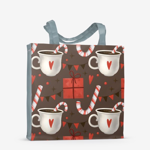 Сумка-шоппер «Новый год паттерн, рождество. Какао, кофе, конфеты, коричневый. Вкусно. Сердце. Новогодний принт для кухни, скатерти»