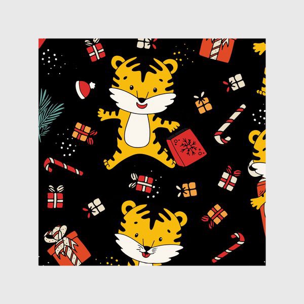 Шторы «Новогодний паттерн с тиграми и подарками»