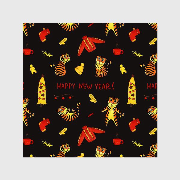 Шторы «Happy New Year! Патерн с тиграми и надписью на английском Темный фон»