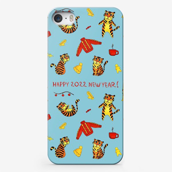 Чехол iPhone «Happy 2022 New Year! Паттерн с тиграми на голубом фоне»