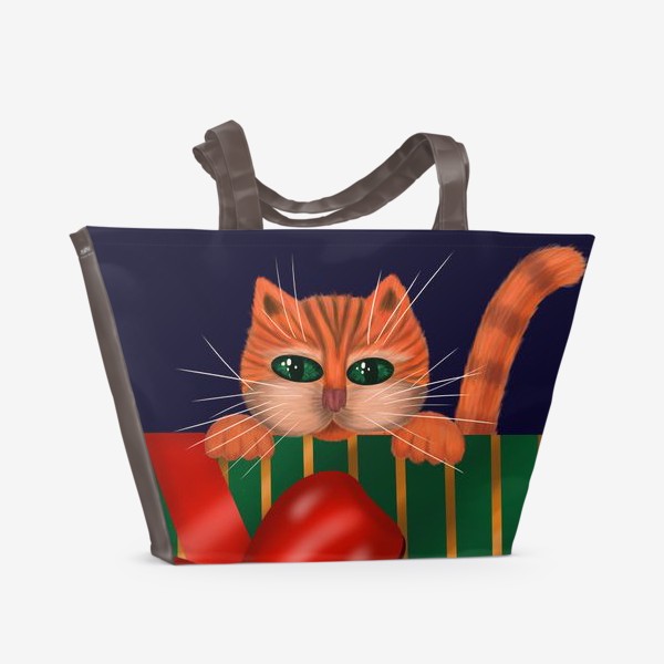 Пляжная сумка &laquo;Рыжий полосатый кот получил огромный подарок на новый год&raquo;