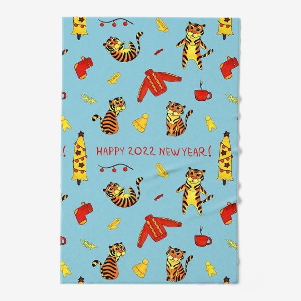 Полотенце «Happy 2022 New Year! Паттерн с тиграми на голубом фоне»