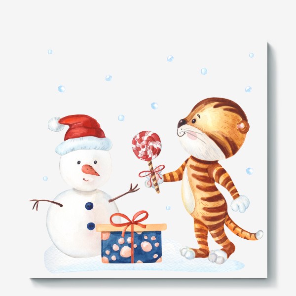 Холст «Милый тигренок и снеговик»