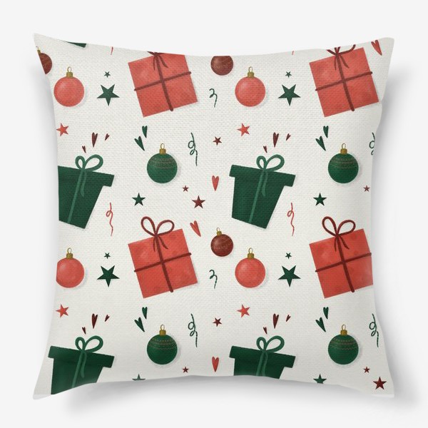 Подушка «Подарки. Новый год. Рождество. Новогодний паттерн для текстиля, скатерти. Красный и зеленый. Интерьерный принт»