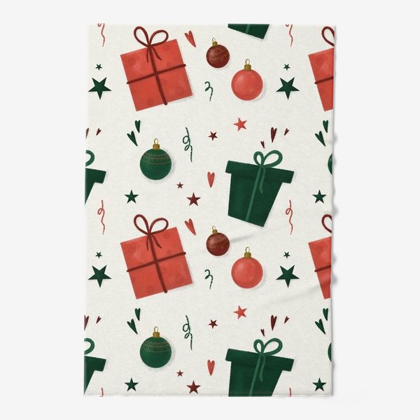 Полотенце «Подарки. Новый год. Рождество. Новогодний паттерн для текстиля, скатерти. Красный и зеленый. Интерьерный принт»